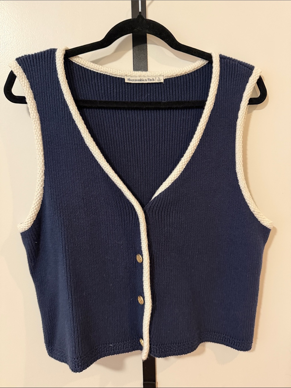 Abercrombie & Fitch Navy Sleeveless V-Neck Ribbed Button Vest with Cream Trim